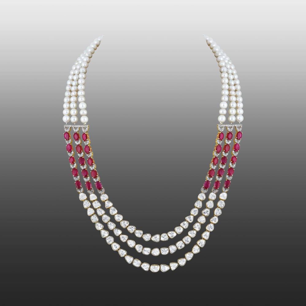 Three-Layer Polki Necklace with Rubies and Pearl Strings
